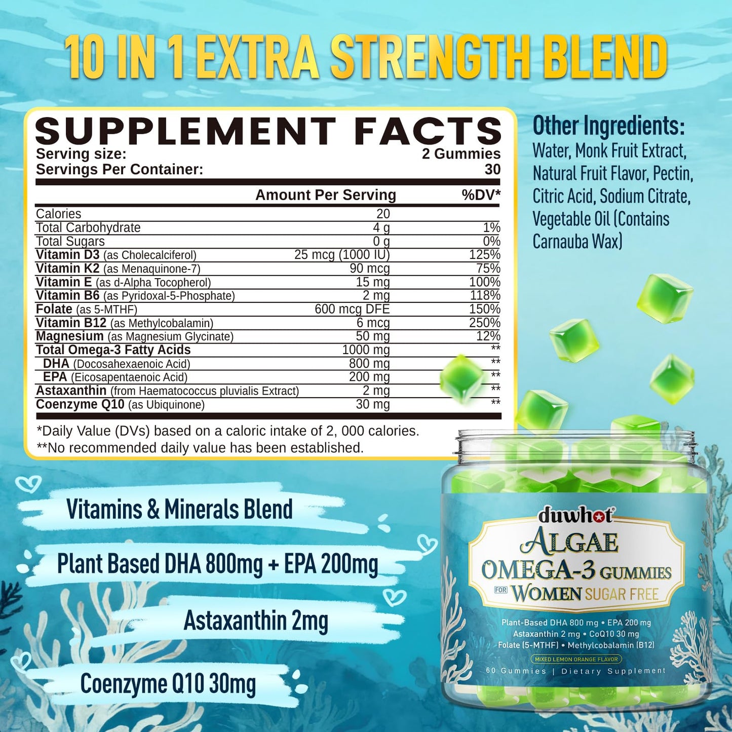 duwhot Vegan Omega-3 Gummies for Women | 1000mg Algal Oil DHA/EPA | CoQ10 & Astaxanthin | 60 Count