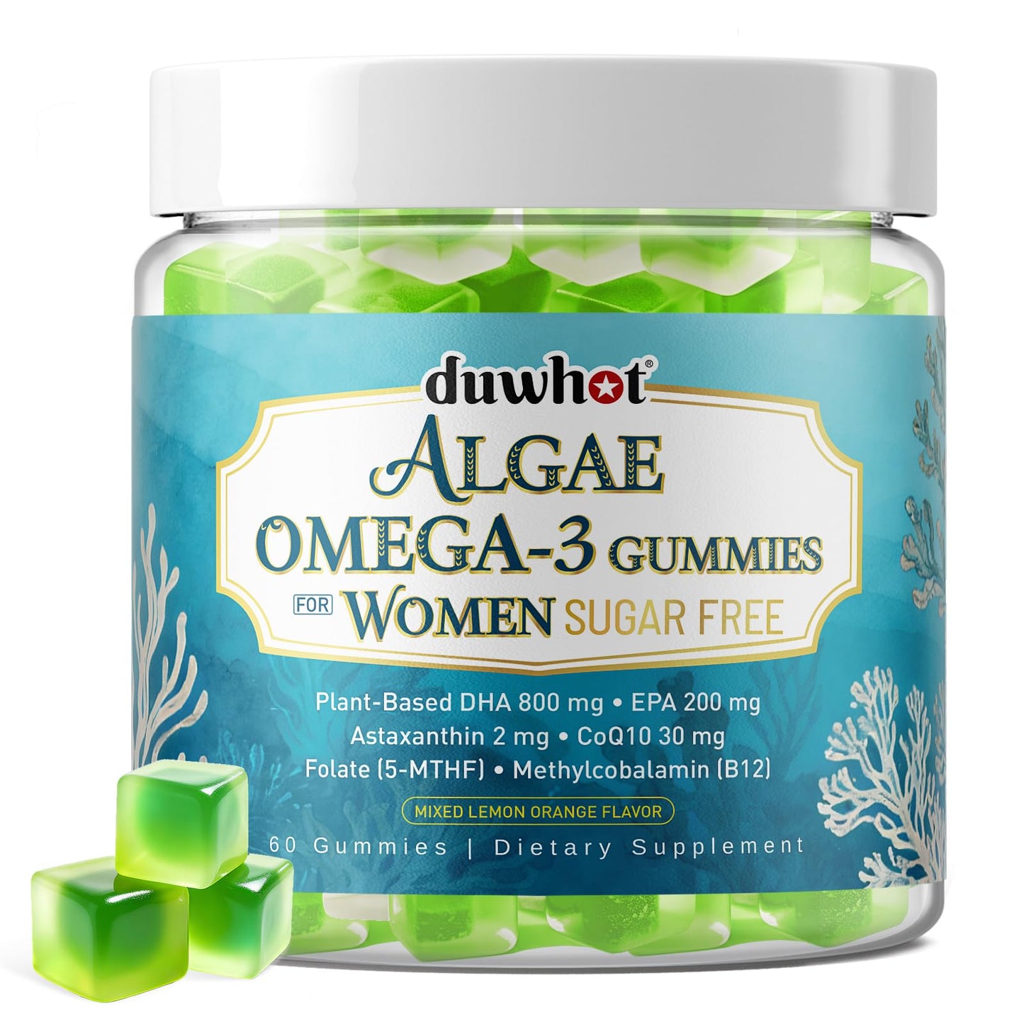 duwhot Vegan Omega-3 Gummies for Women | 1000mg Algal Oil DHA/EPA | CoQ10 & Astaxanthin | 60 Count
