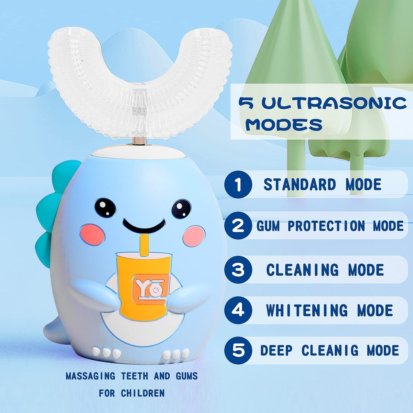DYCROL Kids U Shaped Electric Toothbrush – 4 Heads, 5 Modes, IPX7 Waterproof (2-6y, Blue)