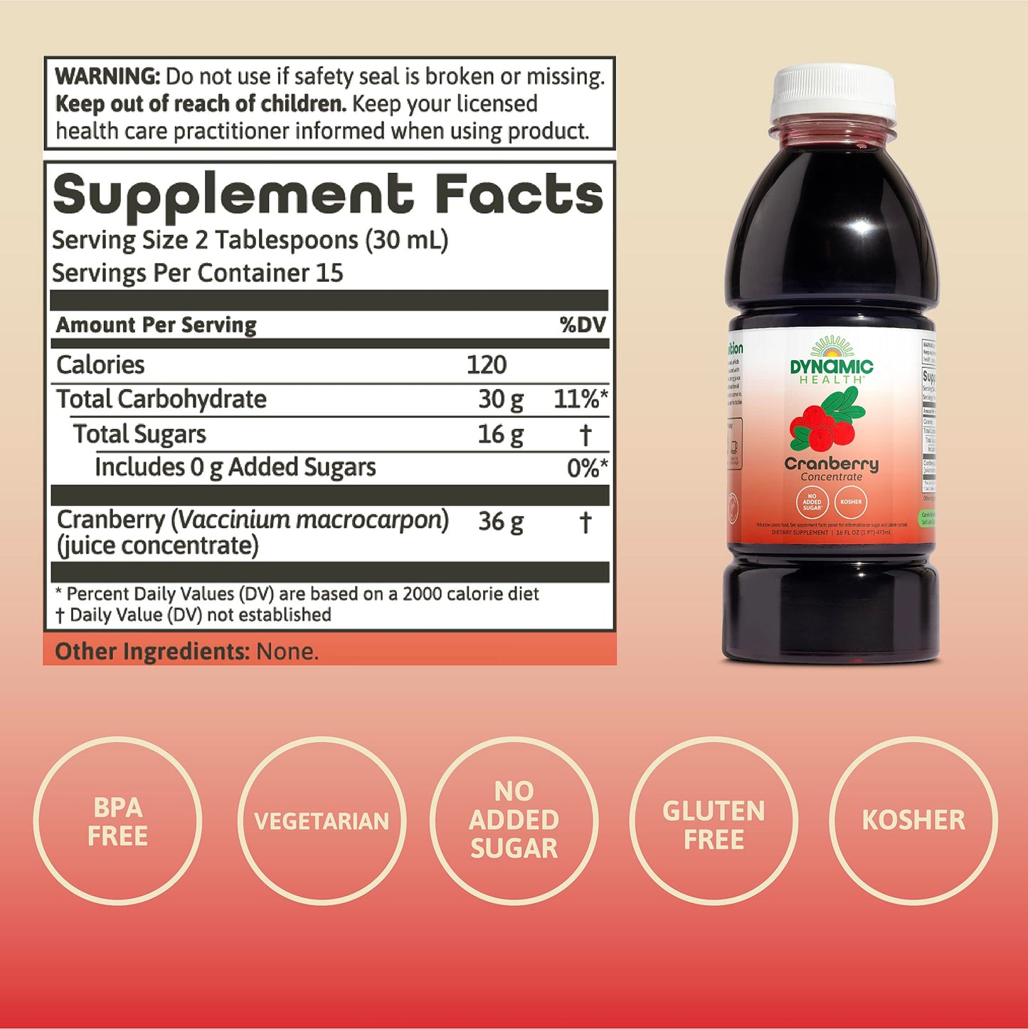 Dynamic Health Cranberry Unsweetened 100% Juice Concentrate – Natural Antioxidant, No Added Sugar, 16 Servings (16 oz)