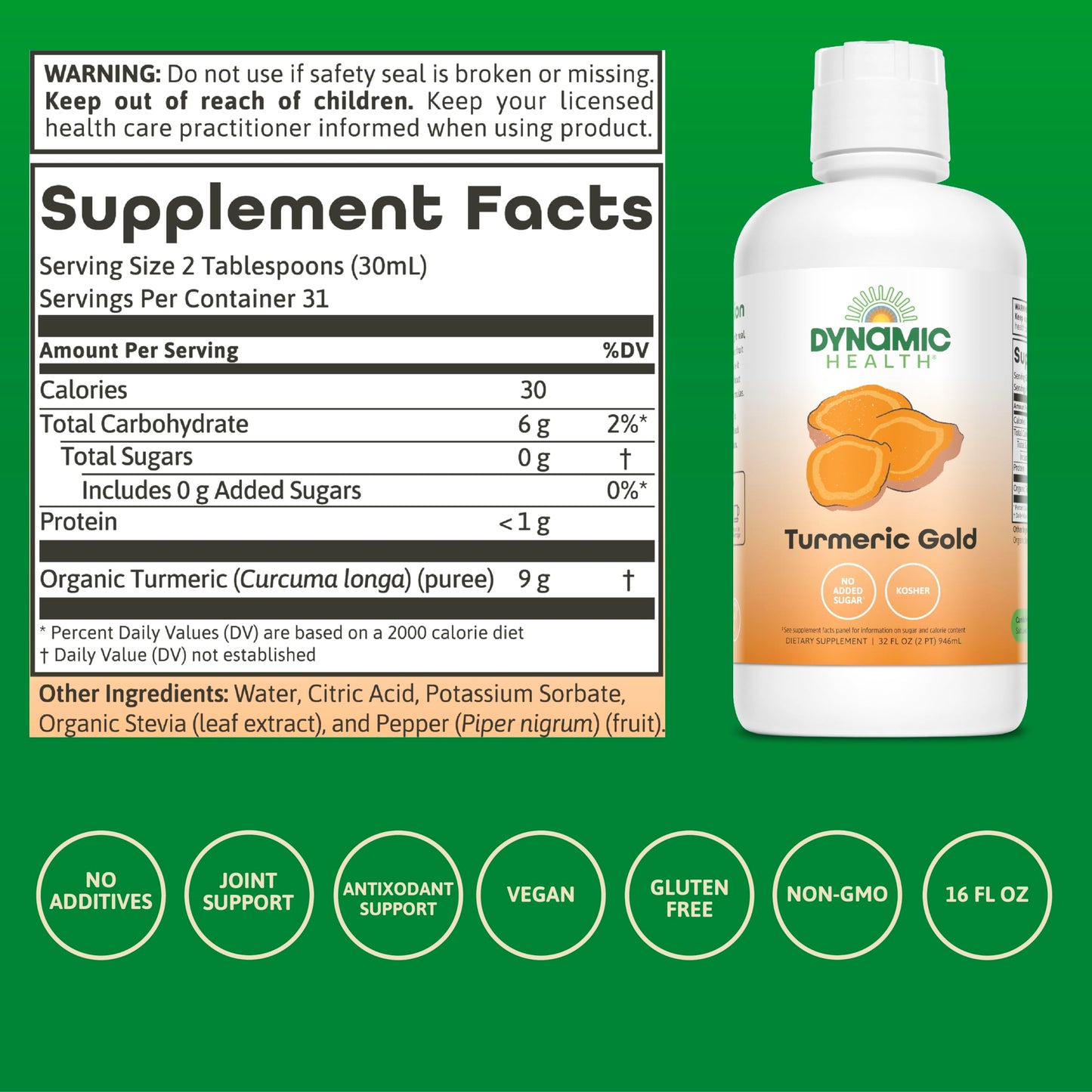 Dynamic Health Turmeric Gold – 100% Juice Turmeric Supplement, 32 Fl Oz
