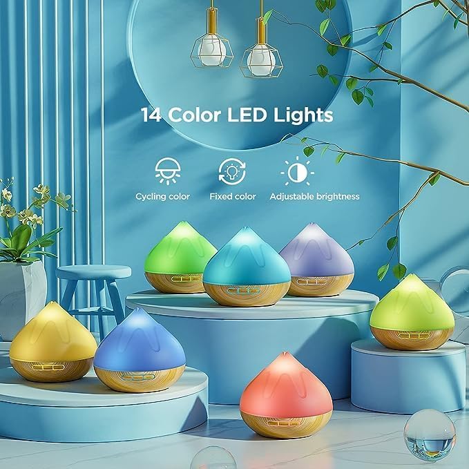 Dynooper 500ML Essential Oil Diffuser – 14-Color LED Night Light, Remote, Quiet Humidifier (Brown)
