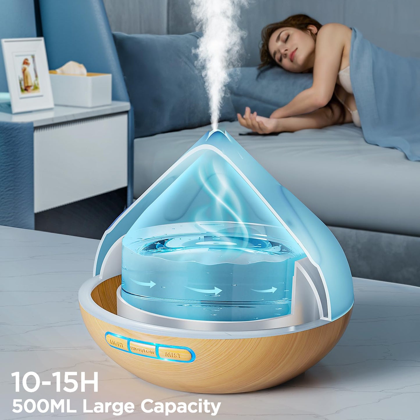 Dynooper 500ML Essential Oil Diffuser – 14-Color LED Night Light, Remote, Quiet Humidifier (Brown)