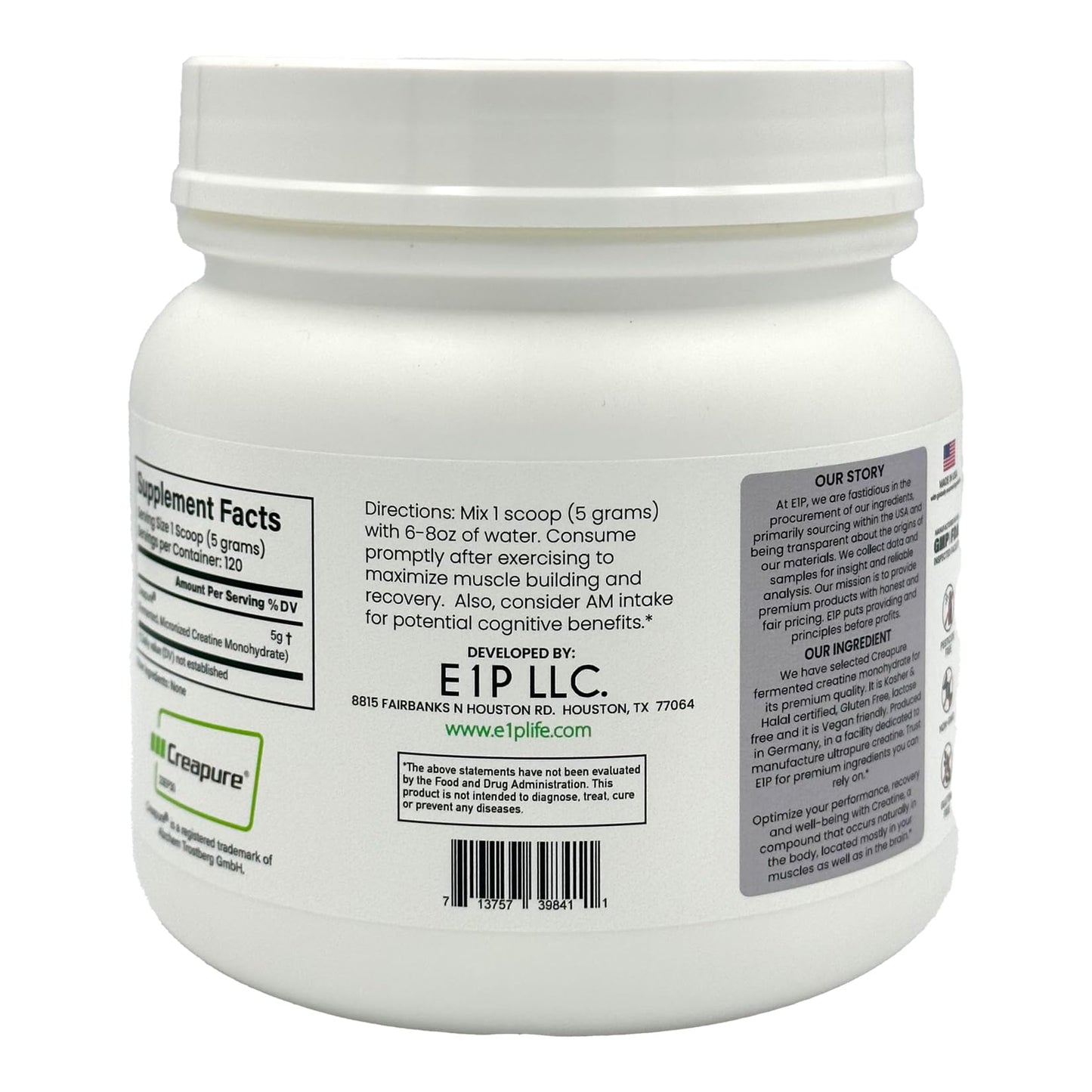 E1P Creapure Creatine Monohydrate 600g | Unflavored, Non-GMO, Vegan
