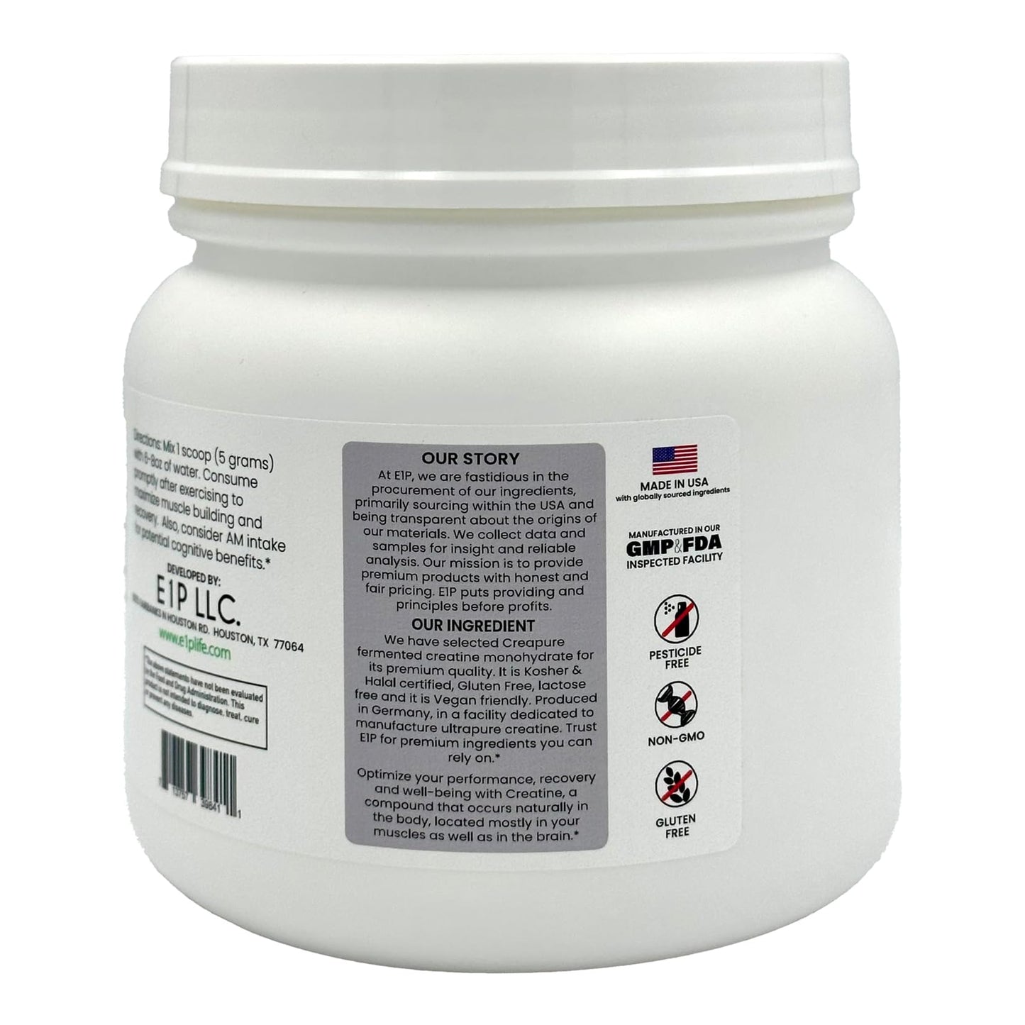E1P Creapure Creatine Monohydrate 600g | Unflavored, Non-GMO, Vegan