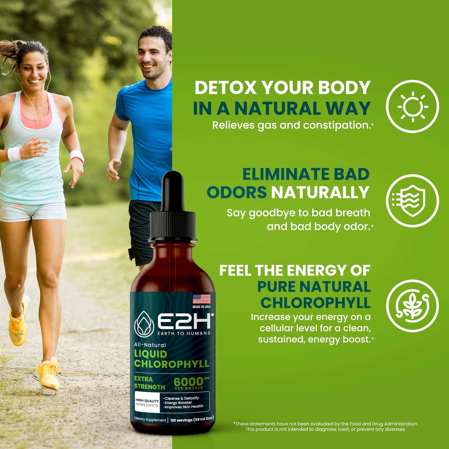 E2H Chlorophyll Liquid Drops - All-Natural Energy Booster & Immune Support (2 oz)
