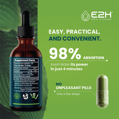 E2H Chlorophyll Liquid Drops - All-Natural Energy Booster & Immune Support (2 oz)