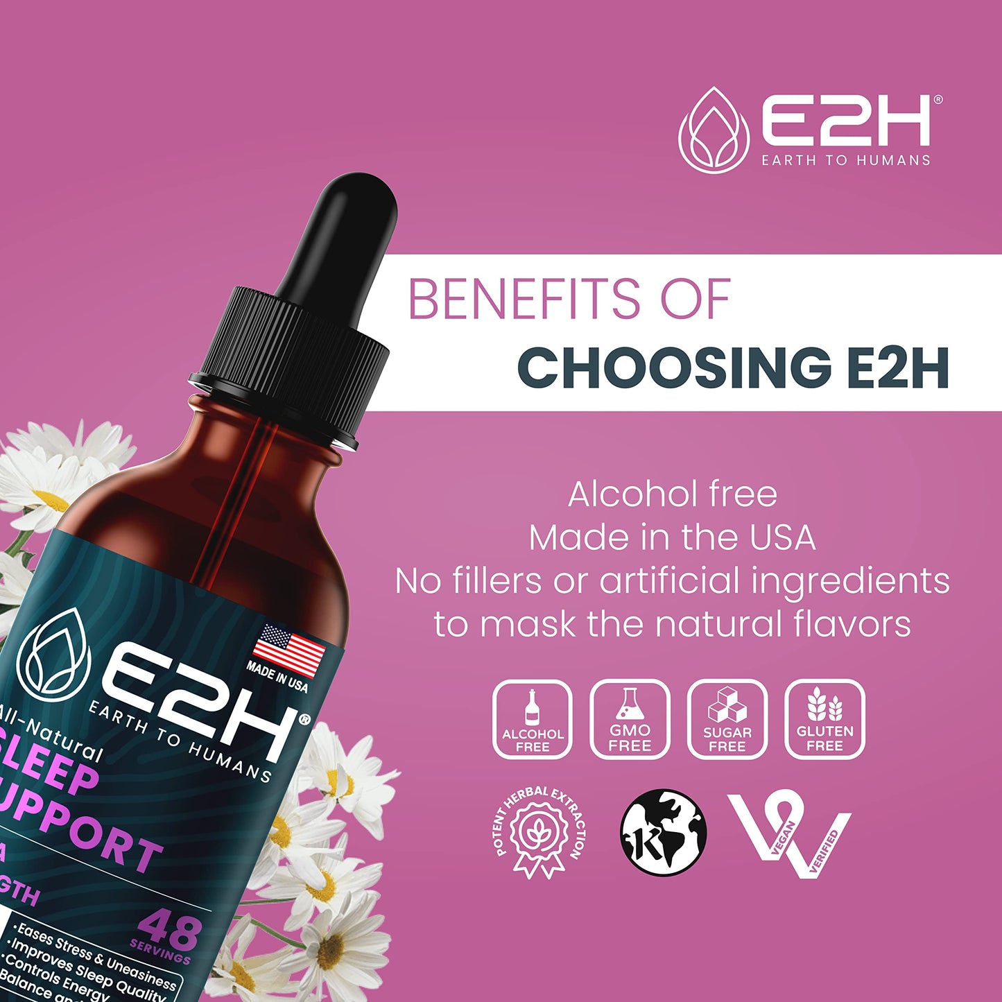 E2H Natural Sleep Support – Liquid Melatonin with Chamomile & L-Theanine (2 oz)
