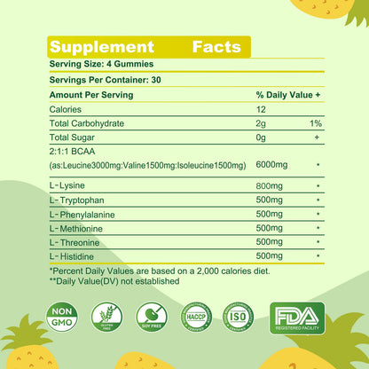 EAA Gummies 120 Pineapple | All 9 Essential Amino Acids + BCAAs - Non-GMO, Gluten Free, Vegetarian