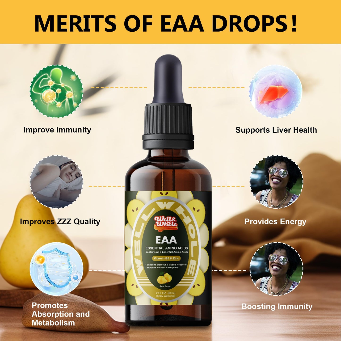 Essential Amino Acid (EAA) Liquid Drops – Liver Support, Vitamin B6 & Zinc, Vegan, 2 oz
