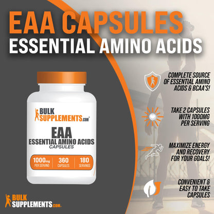 BulkSupplements Essential Amino Acids Capsules (EAAs) – 360 Capsules, 2 per Serving