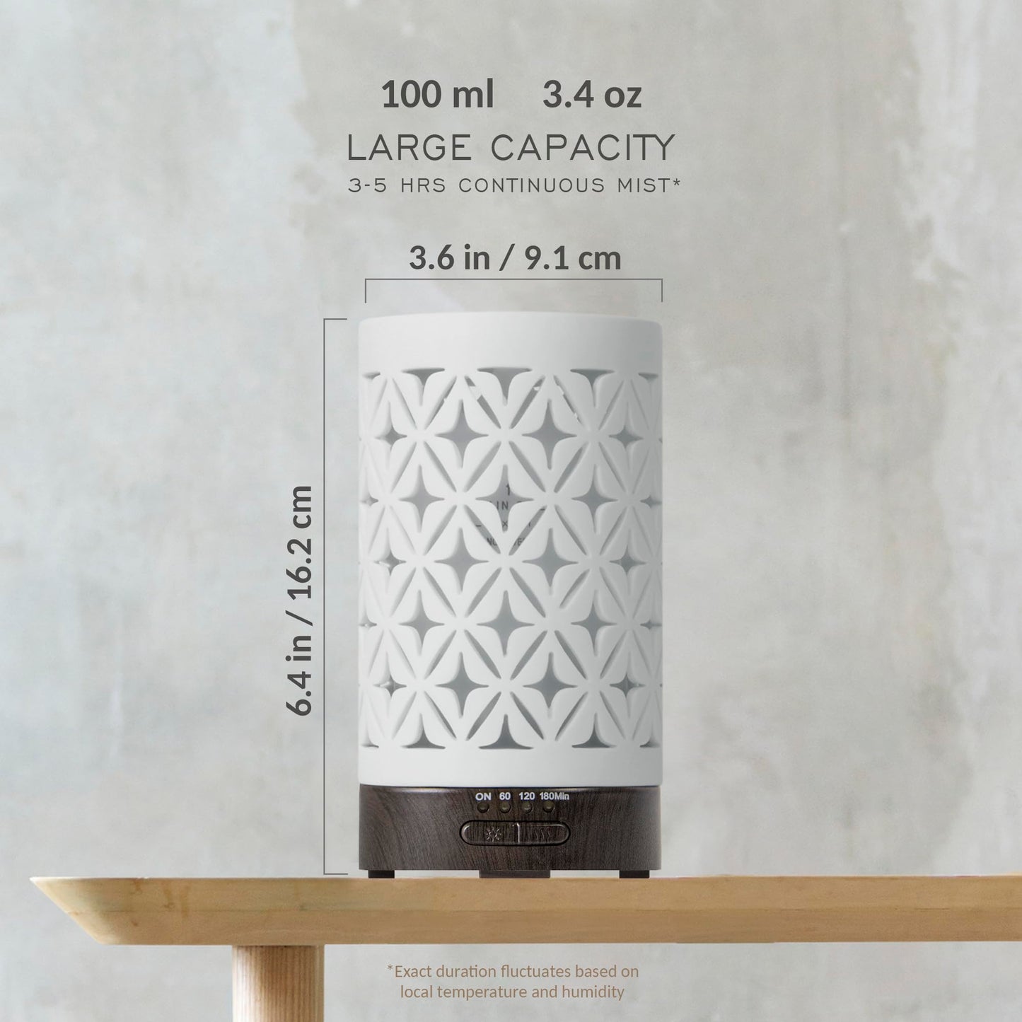 Earnest Living 100ml White Ceramic Essential Oil Diffuser – 4 Timers, Auto Off, Night Lights