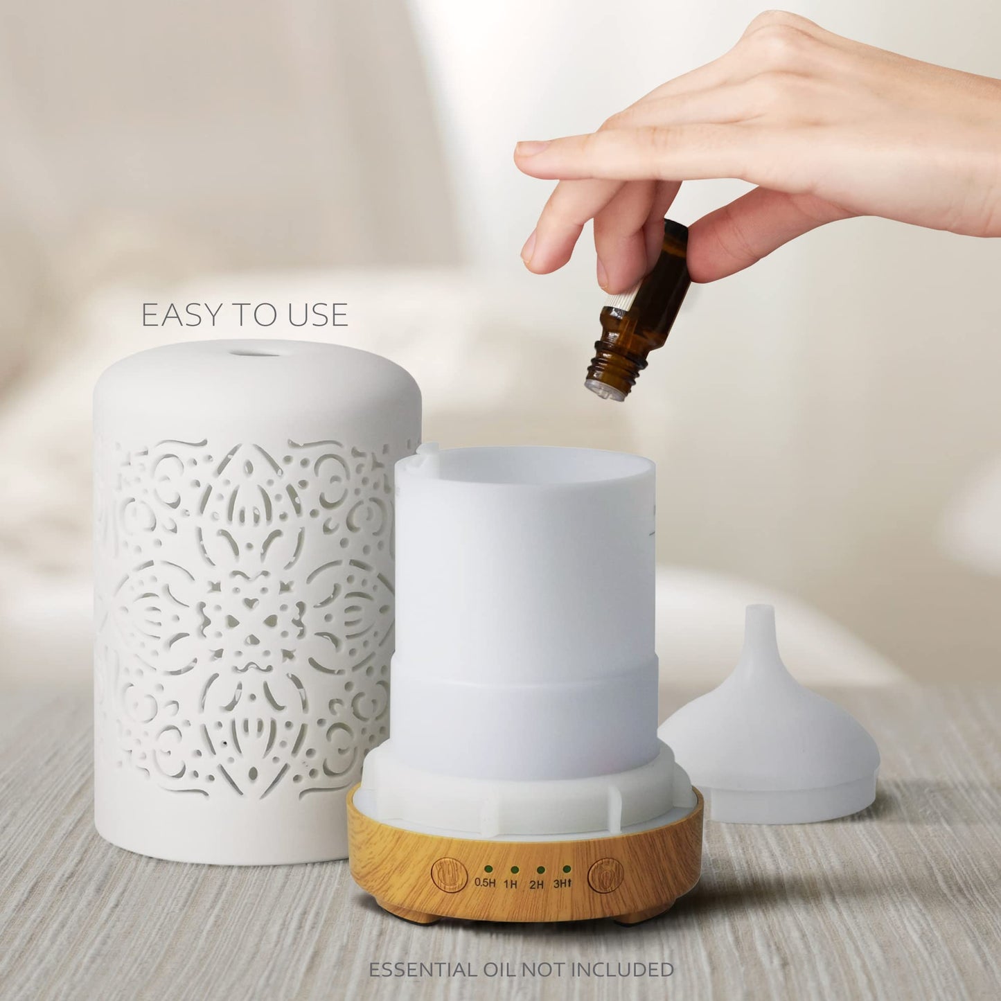 Earnest Living White Ceramic Essential Oil Diffuser 100ml – Auto Off, Timers & Night Light