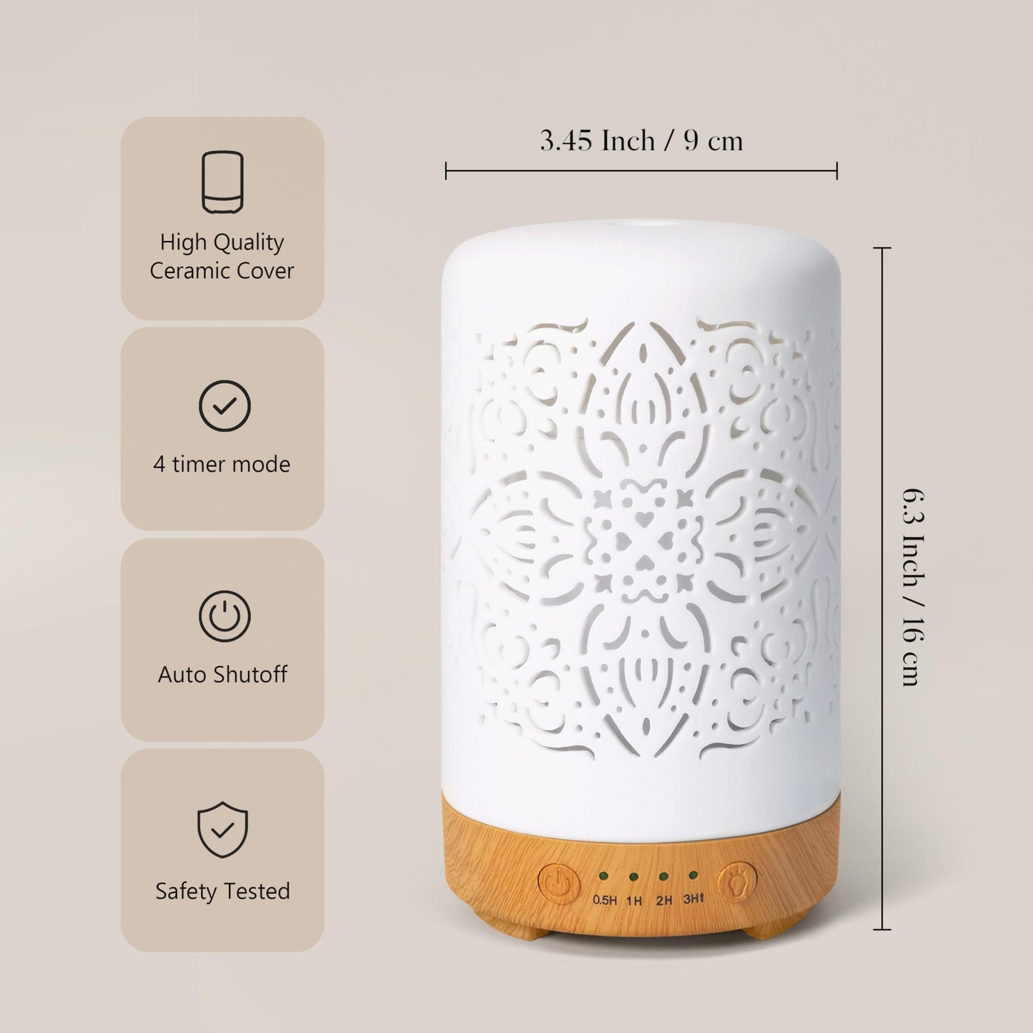 Earnest Living White Ceramic Essential Oil Diffuser 100ml – Auto Off, Timers & Night Light