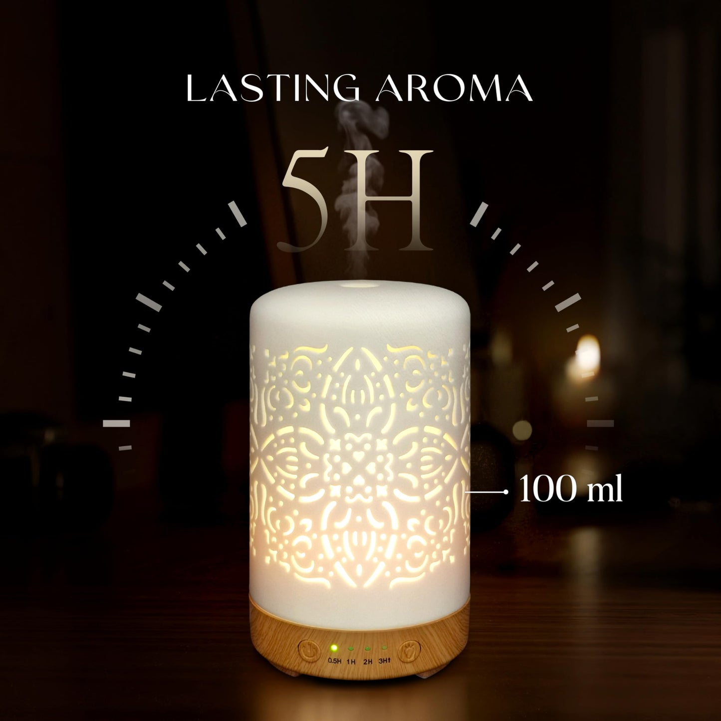 Earnest Living White Ceramic Essential Oil Diffuser 100ml – Auto Off, Timers & Night Light
