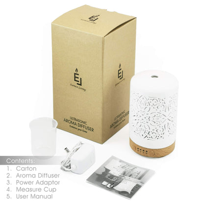 Earnest Living White Ceramic Essential Oil Diffuser 100ml – Auto Off, Timers & Night Light