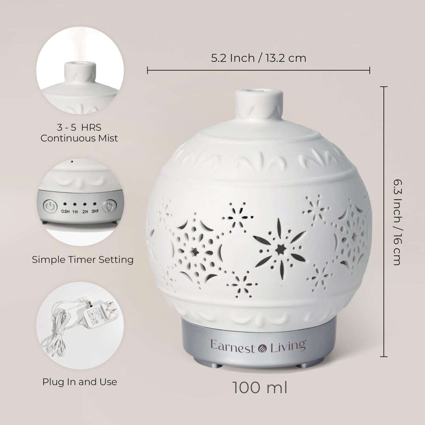 Earnest Living Christmas Ball Diffuser 100 ml | White Ceramic Aromatherapy with 7 Color Lights & Auto Off