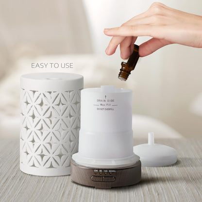 Earnest Living 100ml White Ceramic Essential Oil Diffuser – 4 Timers, Auto Off, Night Lights