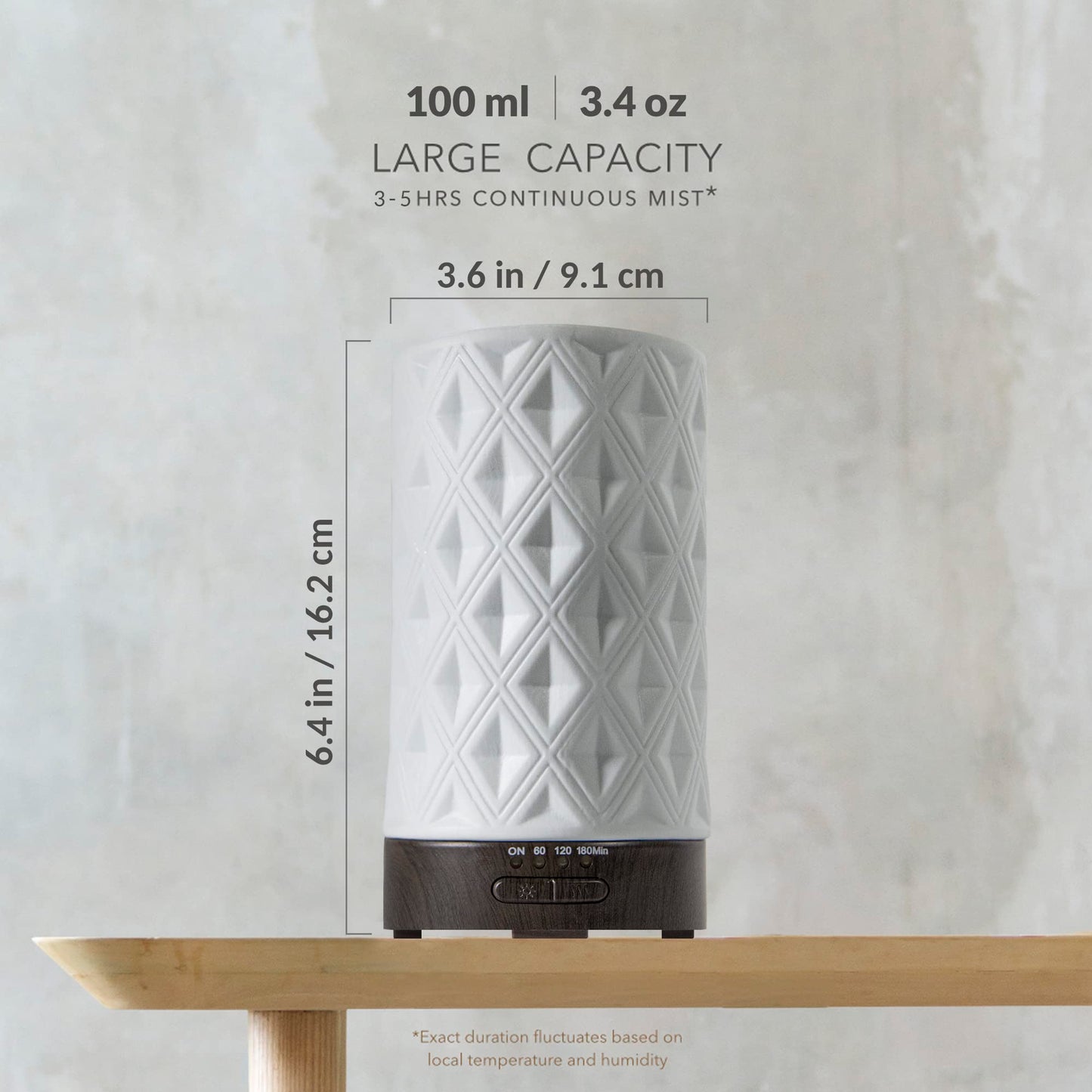 Earnest Living Ceramic Essential Oil Diffuser 100ml – 4 Timers, Auto Off, Night Lights