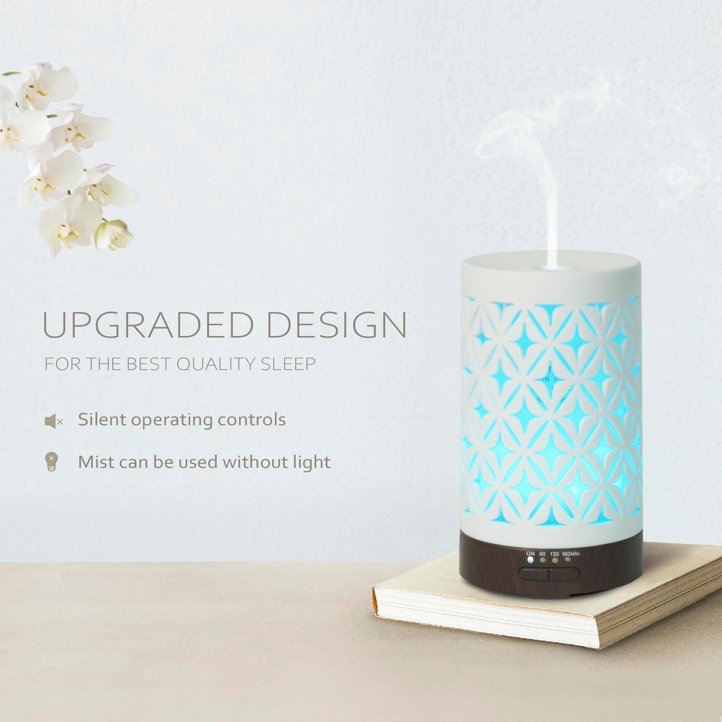 Earnest Living 100ml White Ceramic Essential Oil Diffuser – 4 Timers, Auto Off, Night Lights
