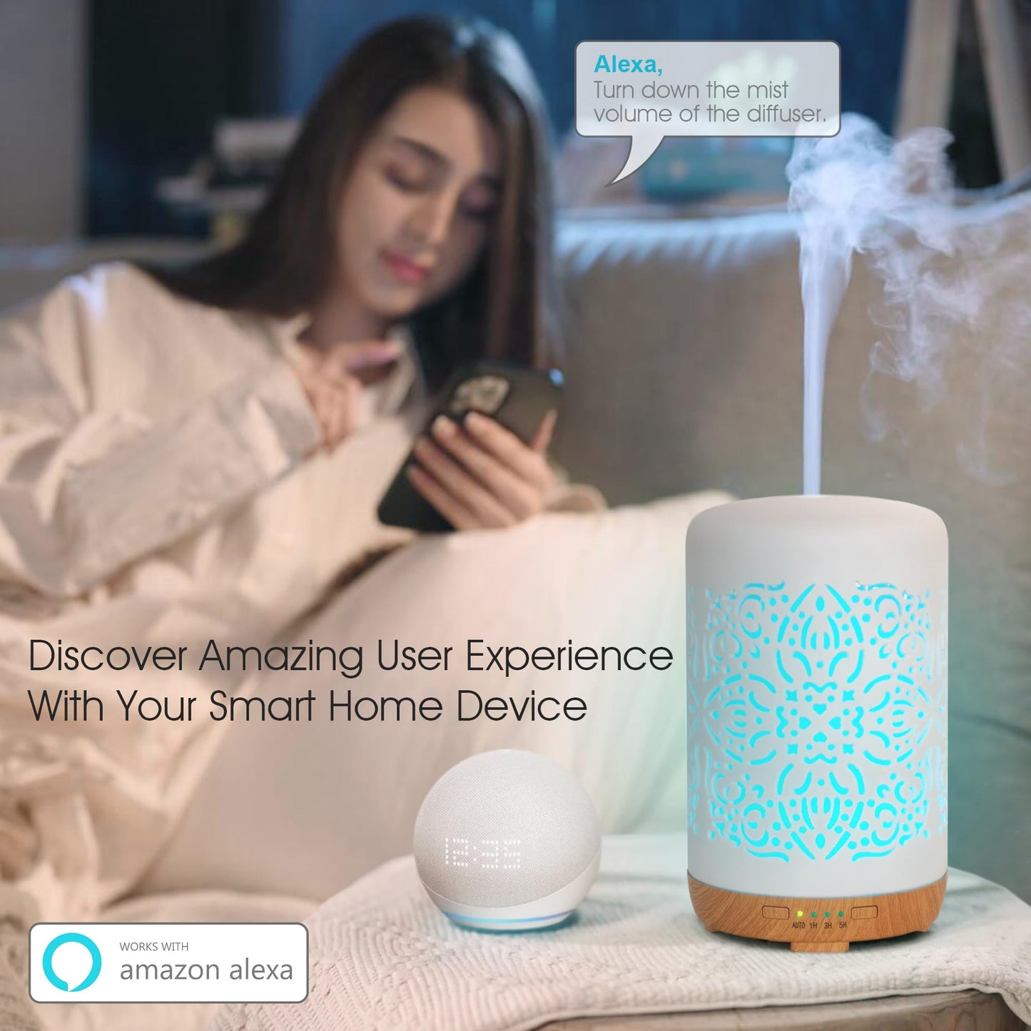 Earnest Living Smart WiFi Essential Oil Diffuser – 250 ml Ceramic Diffuser with Alexa App Control, Auto Off