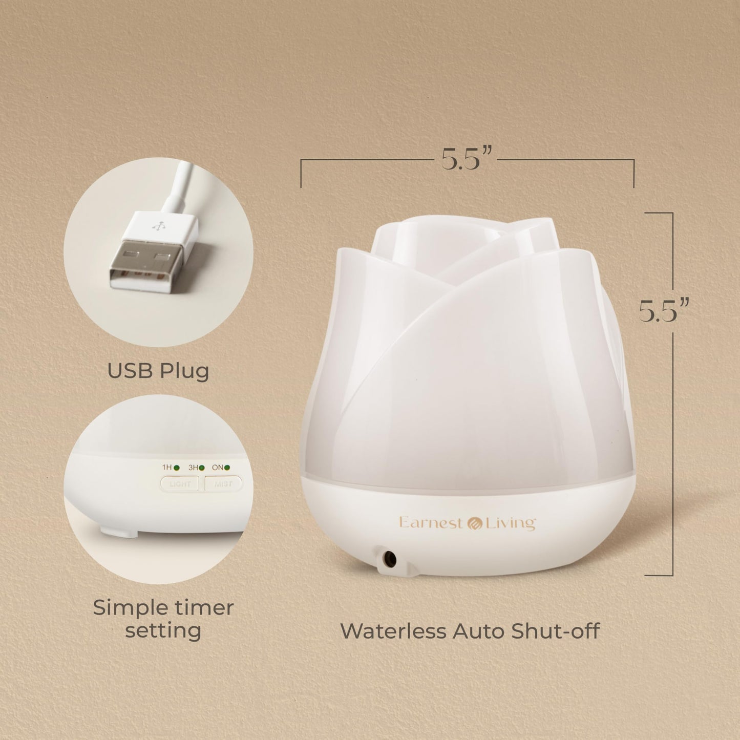 Earnest Living Rose Diffuser 150ml – Mini USB Ultrasonic Humidifier, Quiet Night Light