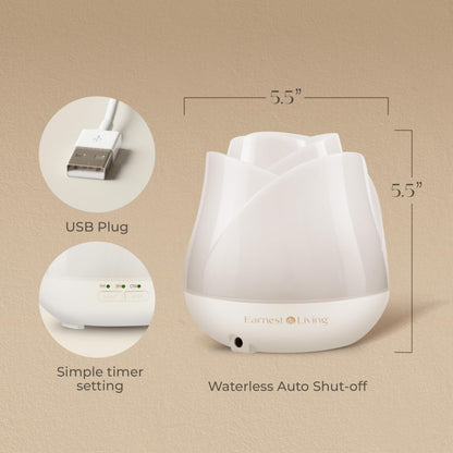 Earnest Living Rose Diffuser 150ml – Mini USB Ultrasonic Humidifier, Quiet Night Light