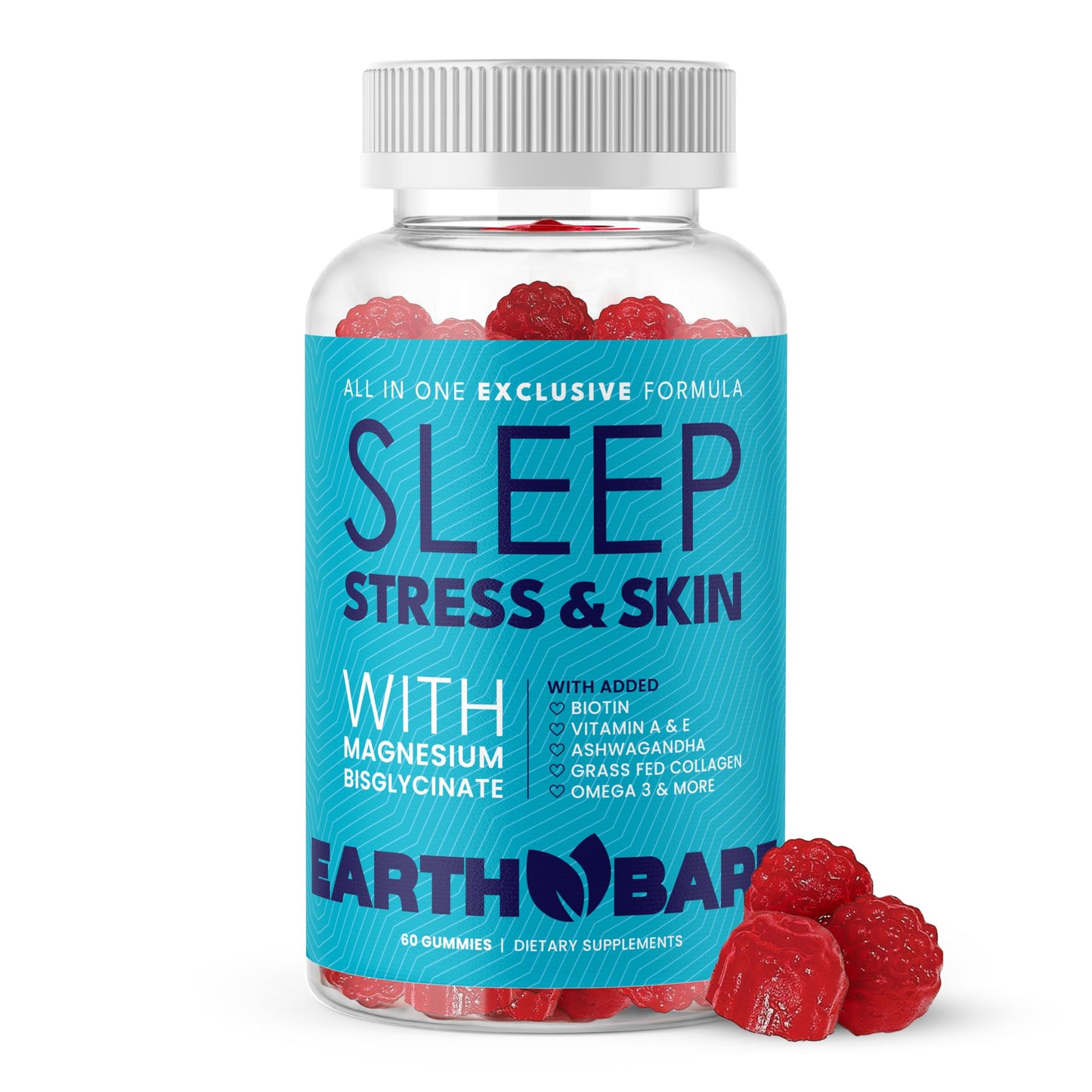 Earth Bare All-in-One Sleep Gummies for Stress & Skin | Magnesium Glycinate, Grass-Fed Collagen, Vitamins A C E & Zinc | 60 Gummies