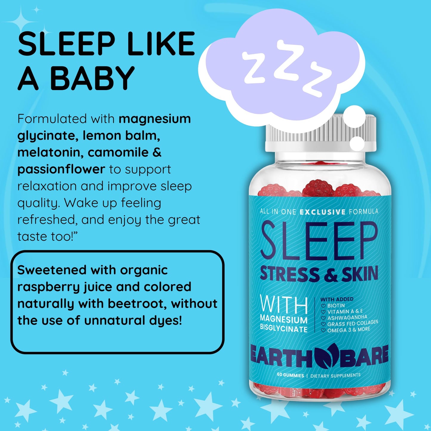 Earth Bare All-in-One Sleep Gummies for Stress & Skin | Magnesium Glycinate, Grass-Fed Collagen, Vitamins A C E & Zinc | 60 Gummies