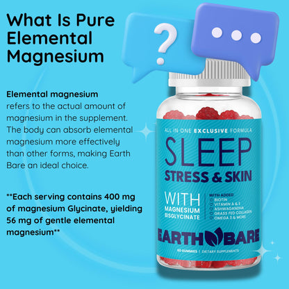 Earth Bare All-in-One Sleep Gummies for Stress & Skin | Magnesium Glycinate, Grass-Fed Collagen, Vitamins A C E & Zinc | 60 Gummies