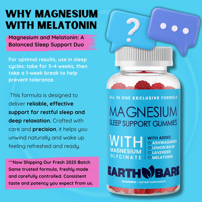 Earth Bare Sleep Gummies - Magnesium Glycinate, Melatonin & Ashwagandha (120 Count, 2-Month Supply)