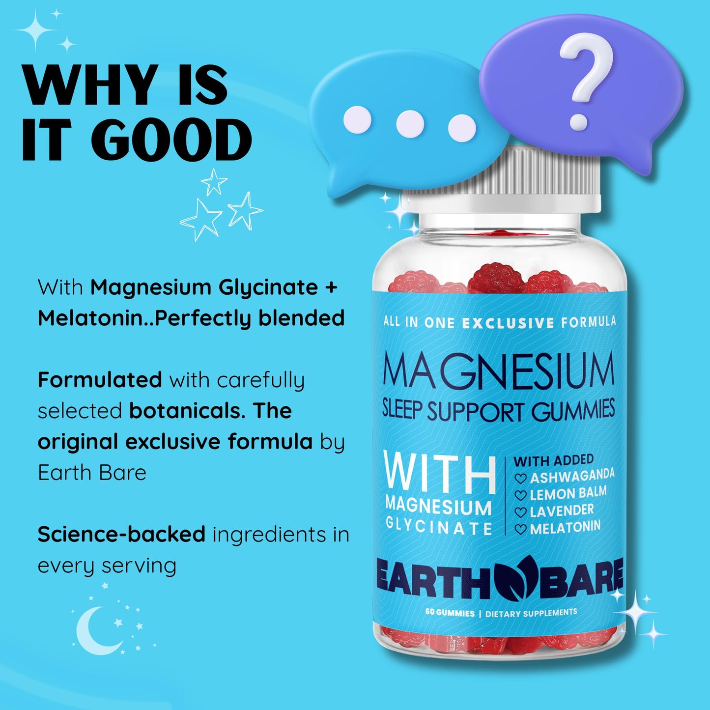Earth Bare Sleep Gummies - Magnesium Glycinate, Melatonin & Ashwagandha (120 Count, 2-Month Supply)