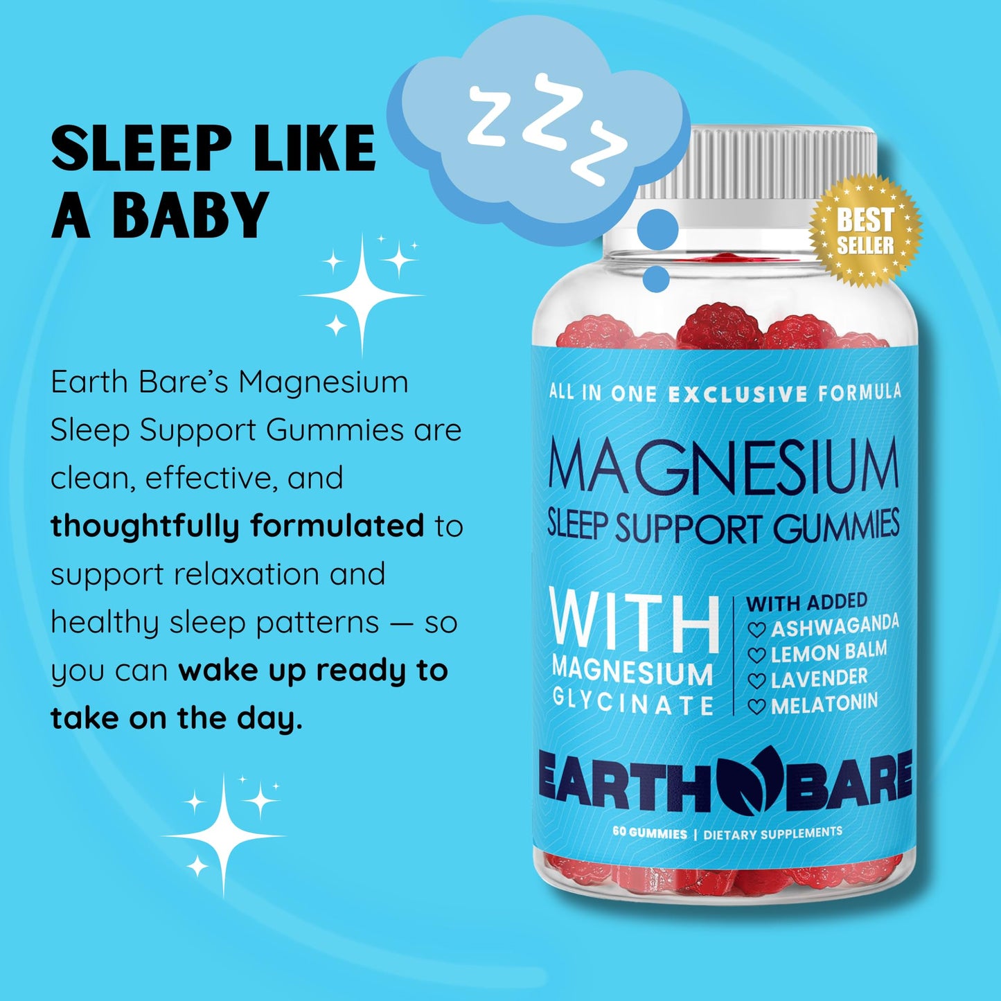 Earth Bare Sleep Gummies - Magnesium Glycinate, Melatonin & Ashwagandha (120 Count, 2-Month Supply)