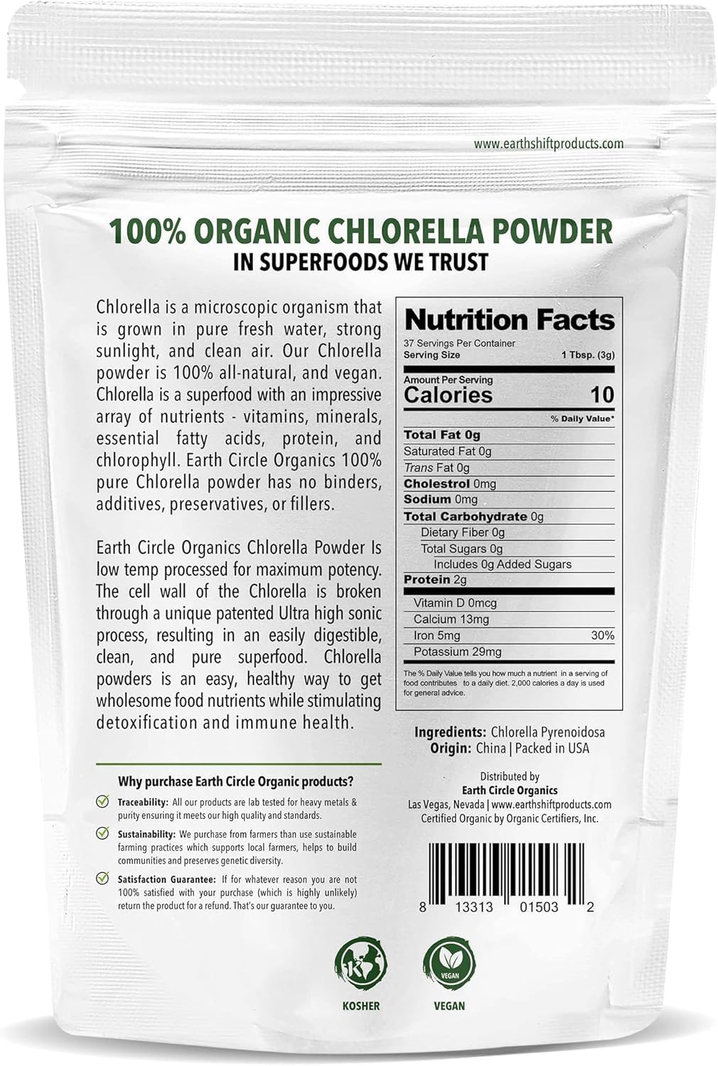 Earth Circle Organics Chlorella Powder – Kosher, Vegan, Broken Cell Wall, 4oz