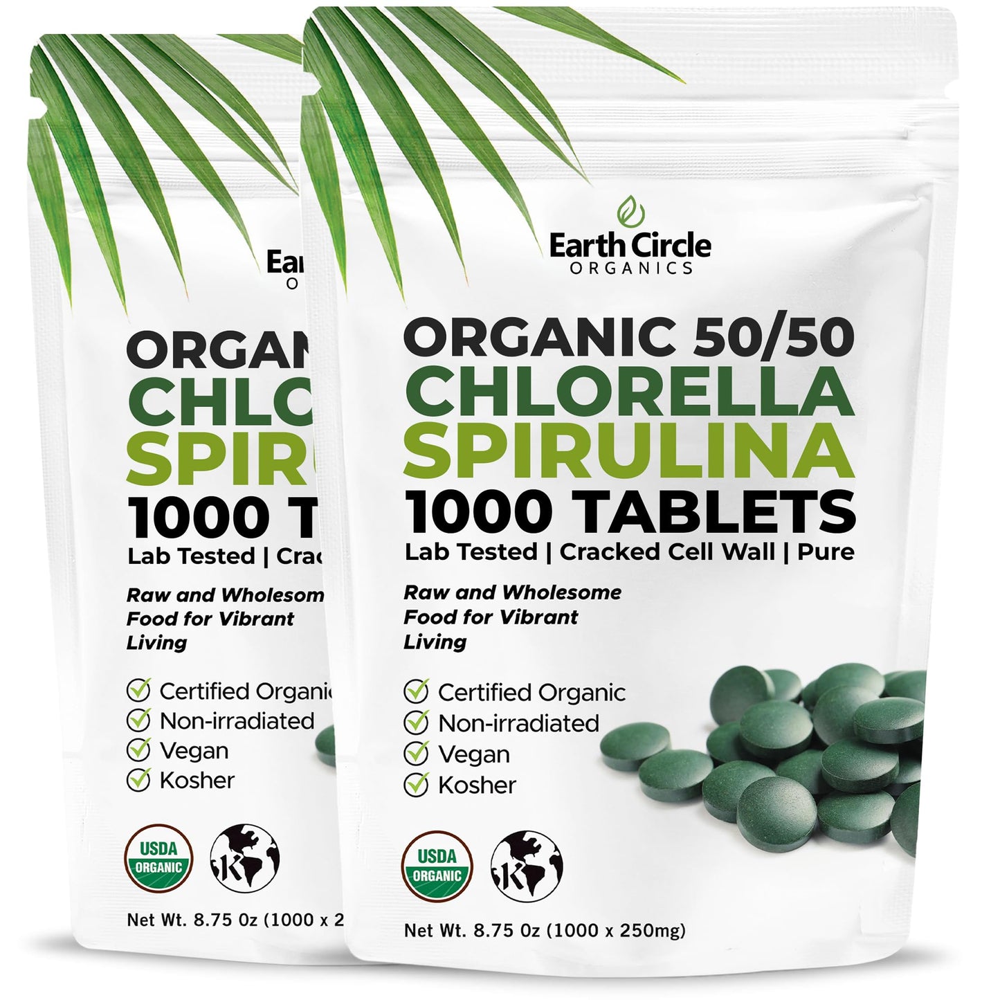 Earth Circle Organics Premium Organic Chlorella & Spirulina Tablets 1000 Count (50/50) – Cracked Cell Wall for Maximum Absorption | Vegan, Kosher Green Algae Superfood | Pack of 2