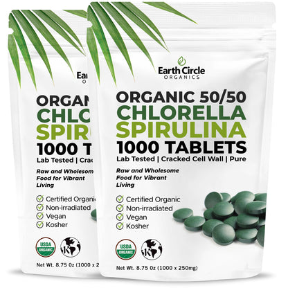 Earth Circle Organics Premium Organic Chlorella & Spirulina Tablets 1000 Count (50/50) – Cracked Cell Wall for Maximum Absorption | Vegan, Kosher Green Algae Superfood | Pack of 2