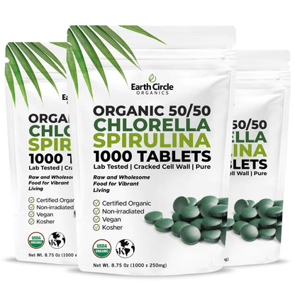 Earth Circle Organics Premium Organic Chlorella + Spirulina Tablets 1000 Count (50/50) – Vegan, Kosher, Cracked Cell Wall