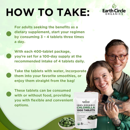 Earth Circle Organics Organic Chlorella Tablets 1000 Count | High Potency Chlorophyll Supplement | Broken Cell Wall for Absorption | Vegan, Kosher, Non-GMO | Pack of 3