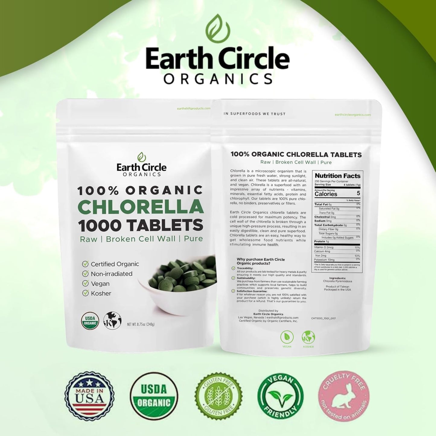 Earth Circle Organics Organic Chlorella Tablets 1000 Count | High Potency Chlorophyll Supplement | Broken Cell Wall for Absorption | Vegan, Kosher, Non-GMO | Pack of 3
