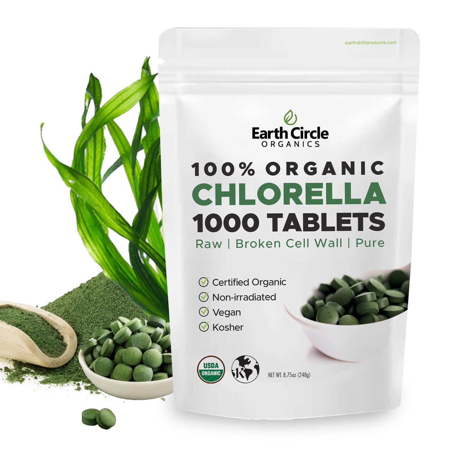 Earth Circle Organics Organic Chlorella Tablets 1000 Count | High Potency Chlorophyll Supplement | Broken Cell Wall for Absorption | Vegan, Kosher, Non-GMO | Pack of 3