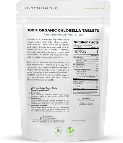 Earth Circle Organics Organic Chlorella Tablets 1000 Count | High Potency Chlorophyll Supplement | Broken Cell Wall for Absorption | Vegan, Kosher, Non-GMO | Pack of 3