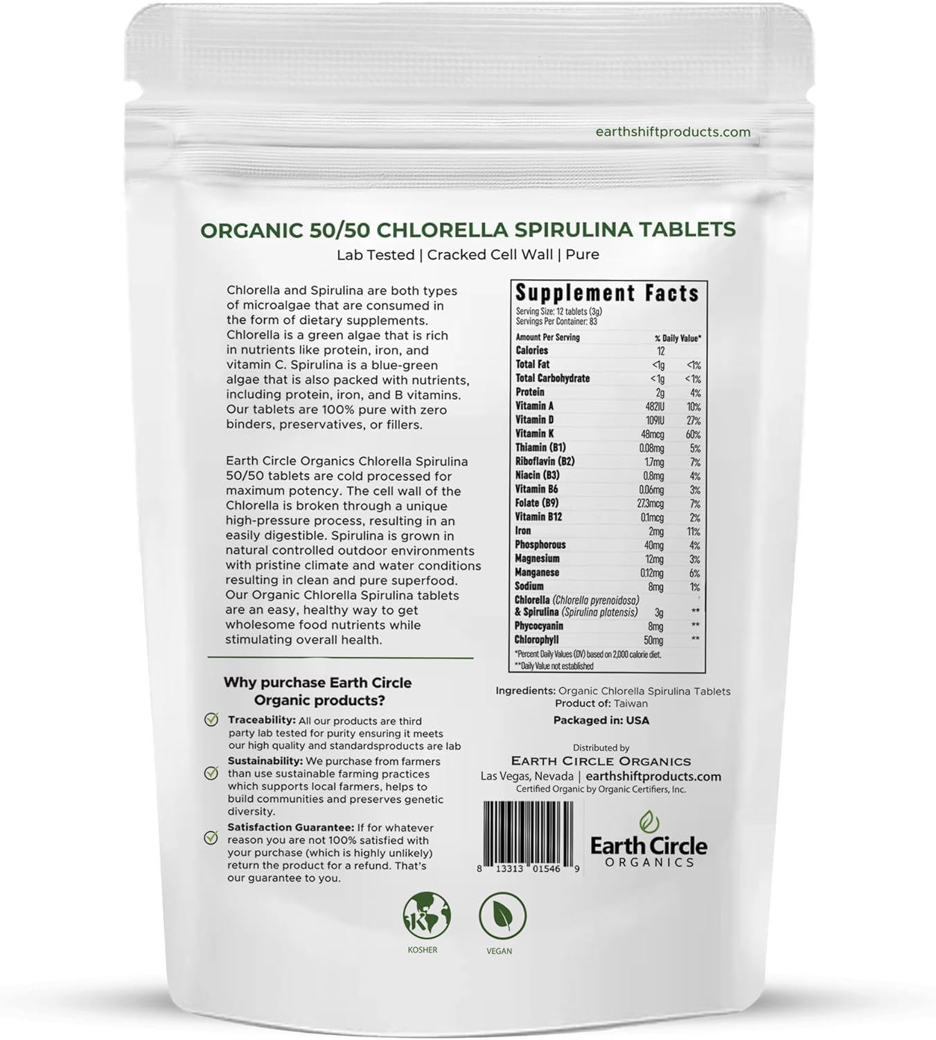 Earth Circle Organics Premium Organic Chlorella & Spirulina Tablets 1000 Count (50/50) – Cracked Cell Wall for Maximum Absorption | Vegan, Kosher Green Algae Superfood | Pack of 2