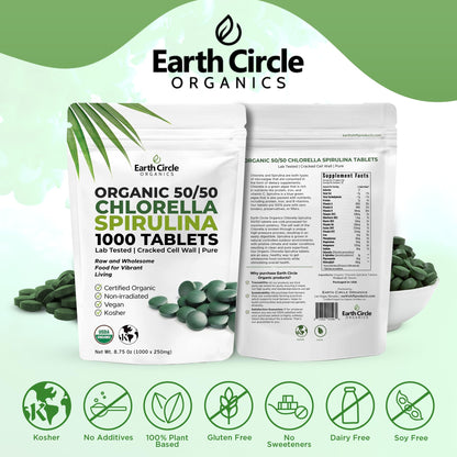 Earth Circle Organics Premium Organic Chlorella & Spirulina Tablets 1000 Count (50/50) – Cracked Cell Wall for Maximum Absorption | Vegan, Kosher Green Algae Superfood | Pack of 2