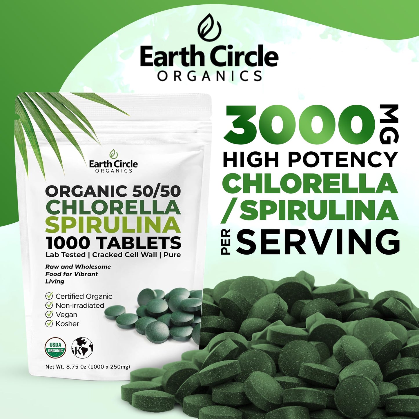 Earth Circle Organics Premium Organic Chlorella + Spirulina Tablets 1000 Count (50/50) – Vegan, Kosher, Cracked Cell Wall