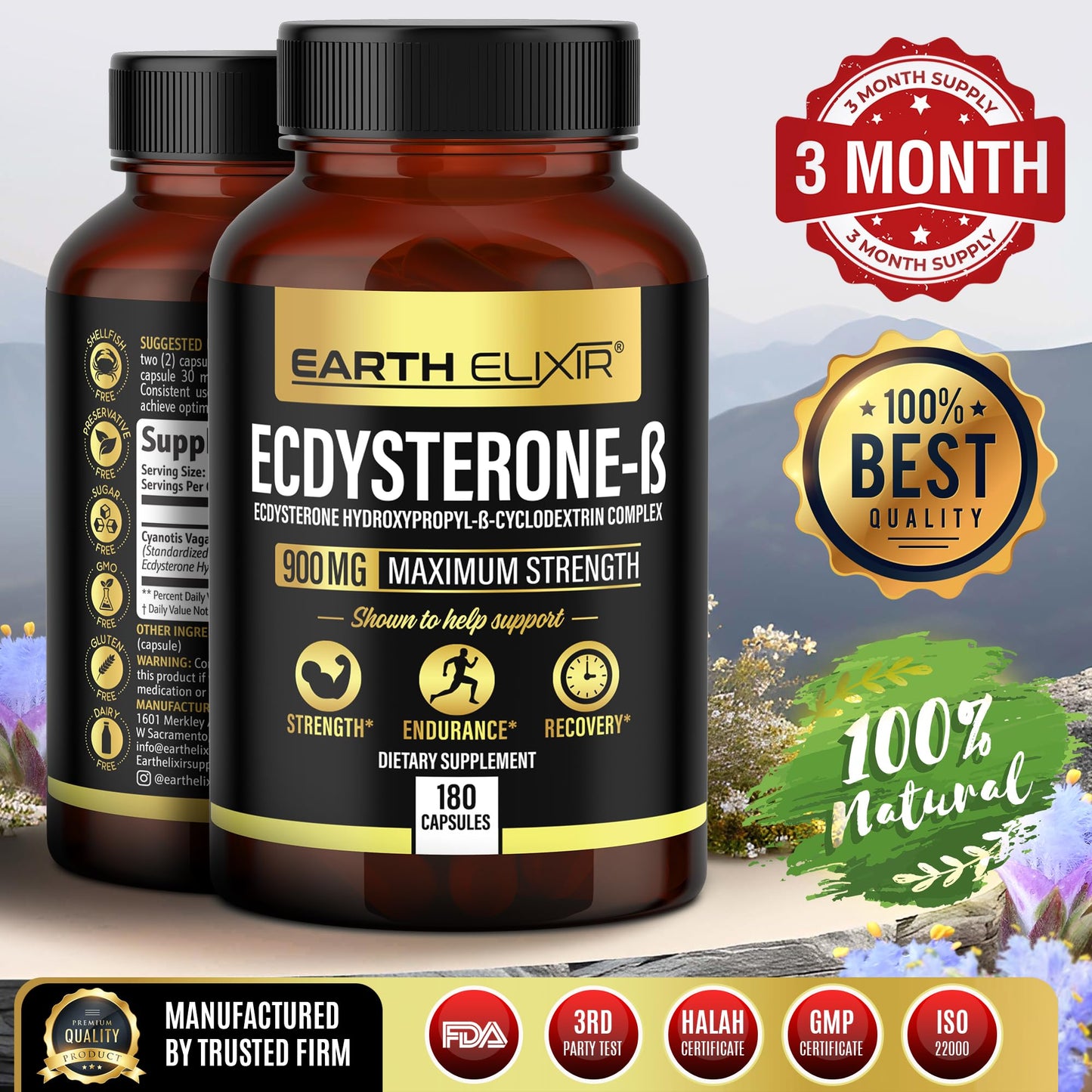 Earth Elixir Ecdysterone 900mg (180 Caps) – Made in USA | 95% Beta Ecdysterone