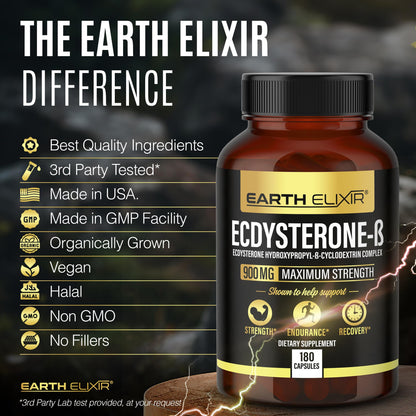 Earth Elixir Ecdysterone 900mg (180 Caps) – Made in USA | 95% Beta Ecdysterone