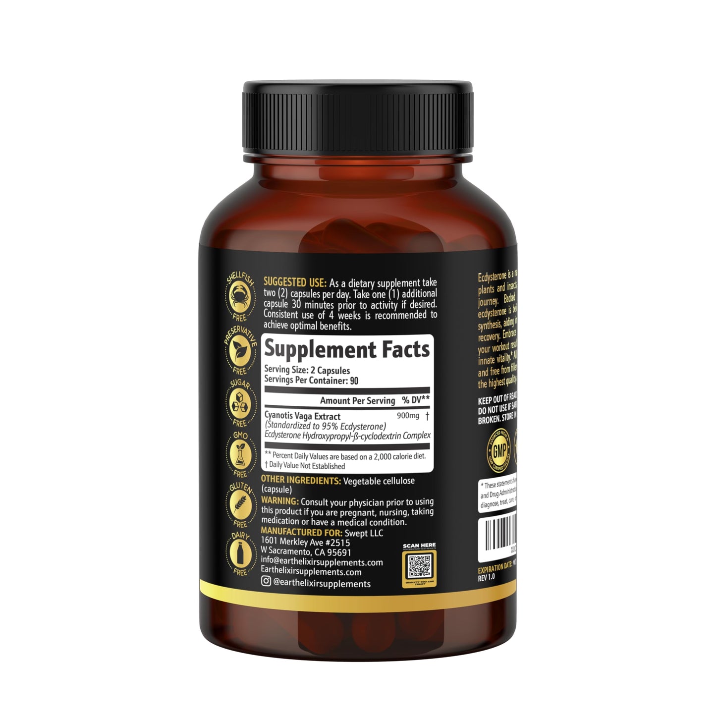 Earth Elixir Ecdysterone 900mg (180 Caps) – Made in USA | 95% Beta Ecdysterone