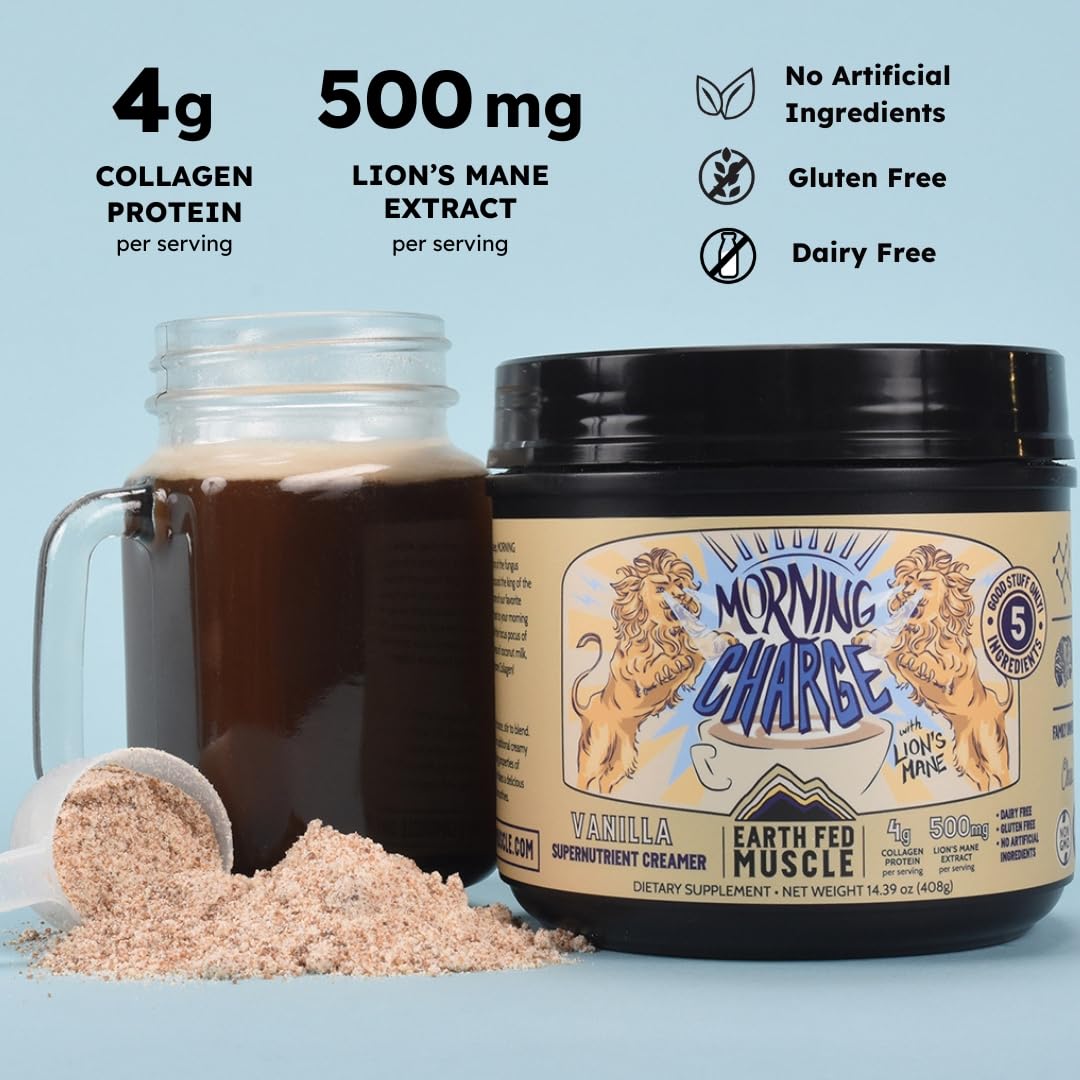 Earth Fed Muscle Morning Charge Protein Coffee Creamer with Collagen & Lion's Mane – Organic, Dairy-Free, Soy-Free, Gluten-Free – 24 Servings