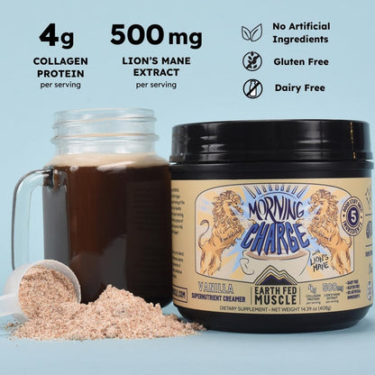 Earth Fed Muscle Morning Charge Protein Coffee Creamer with Collagen & Lion's Mane – Organic, Dairy-Free, Soy-Free, Gluten-Free – 24 Servings