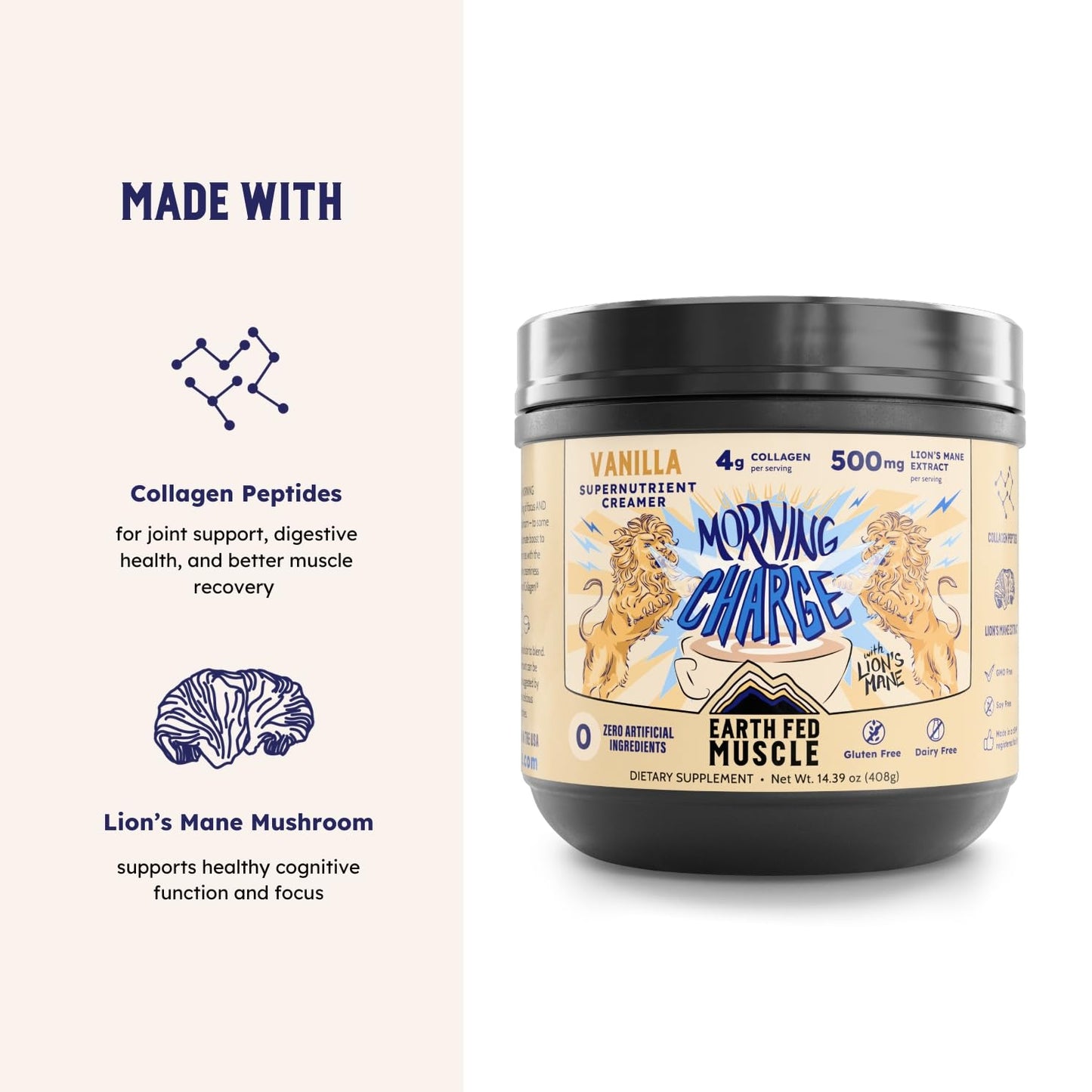 Earth Fed Muscle Morning Charge Protein Coffee Creamer with Collagen & Lion's Mane – Organic, Dairy-Free, Soy-Free, Gluten-Free – 24 Servings